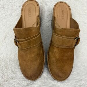 Born Suede Leather Clogs‎ Wedge Heel Buckle Accent Mules Slides Size 10M